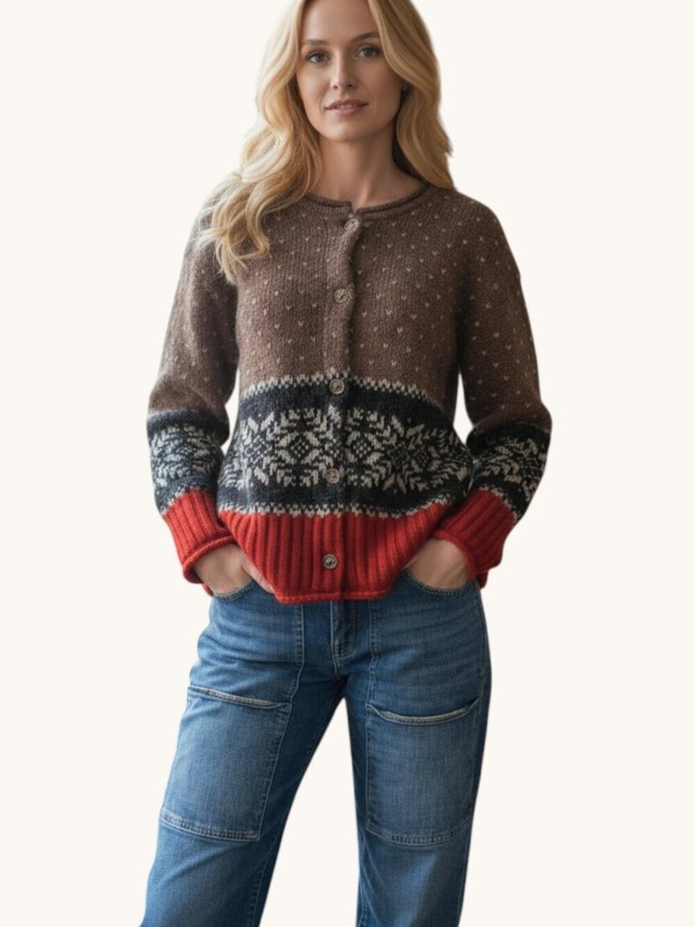 EDDIE BAUER WOMEN'S FAIR ISLE WOOL ALPACA CARDIGAN SWEATER BROWN RED SIZE L